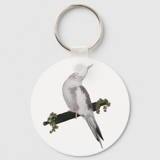 Cute Lutino Cockatiel Bird Ivy Perch Animal Keychain (Front)