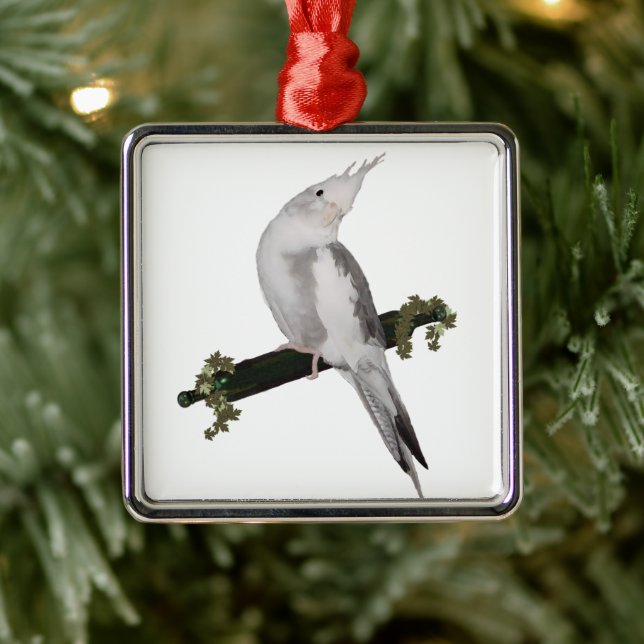 Cute Lutino Cockatiel Bird Ivy Perch Animal Metal Ornament (Tree)