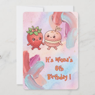 Cute Macaron and Strawberry Friends Kids Birthday  Invitation