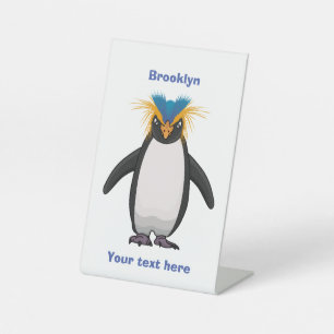 Cute macaroni penguin cartoon illustration pedestal sign