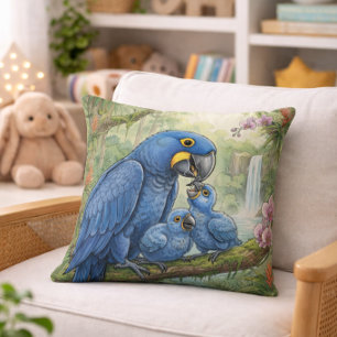Cute Macaw Mama And Chicks Jungle Animals Throw Pillow