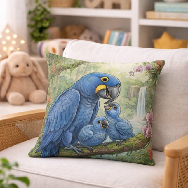Cute Macaw Mama And Chicks Jungle Animals  Throw Pillow (Creator Uploaded)
