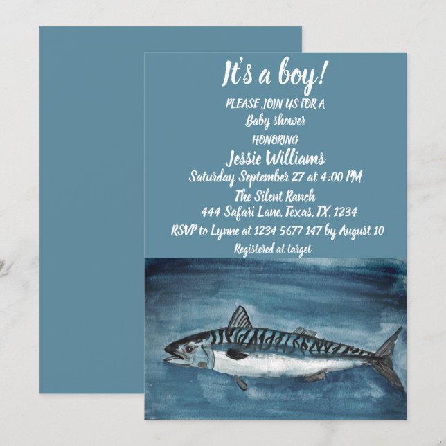 Cute Mackerel Under the sea nautical Blue Baby Boy Invitation (Front/Back)