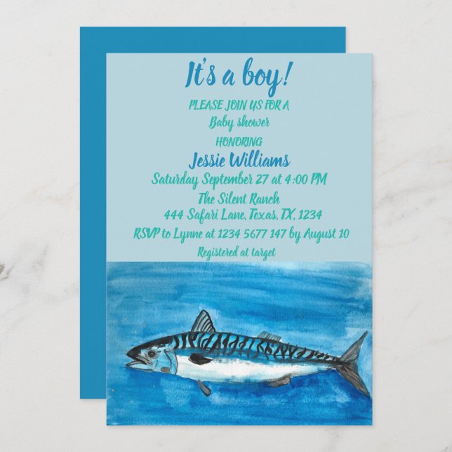 Cute Mackerel Under the sea nautical Blue Baby Boy Invitation (Front/Back)