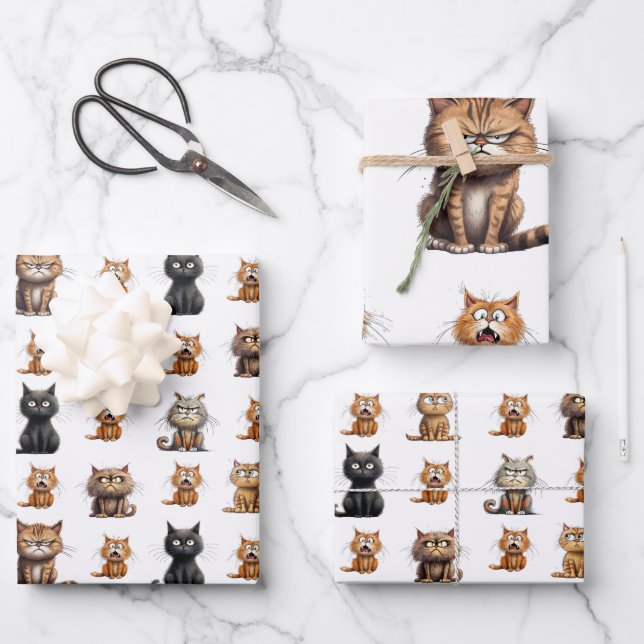 Cute Mad Angry Black Grey Orange Cats   Wrapping Paper Sheet (Front)