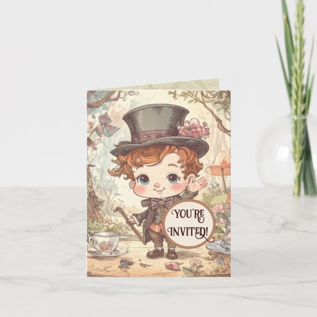 Cute Mad Hatter Whimsical Wonderland Woodland Art Invitation (Front)