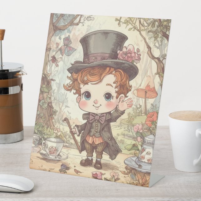 Cute Mad Hatter Whimsical Wonderland Woodland Art Pedestal Sign (In SItu)