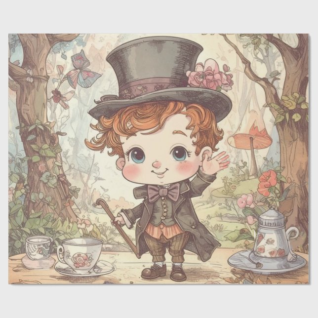 Cute Mad Hatter Whimsical Wonderland Woodland Art Wrapping Paper (Flat)
