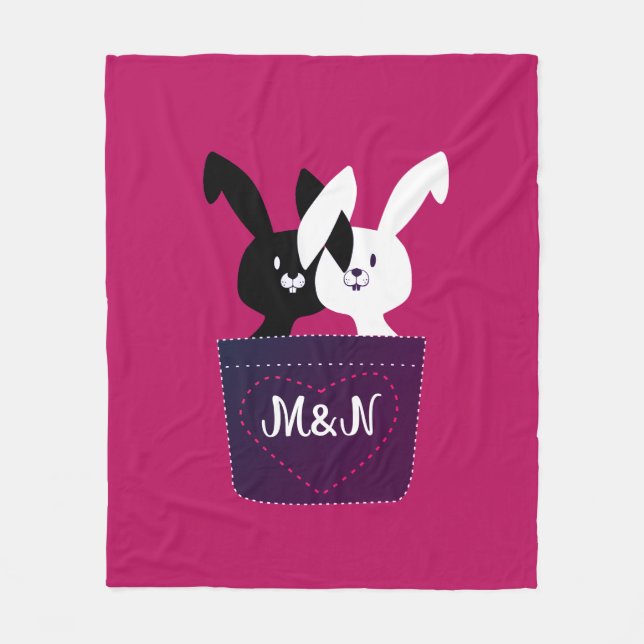 Cute Magenta Black And White Love Bunnies Monogram Fleece Blanket (Front)