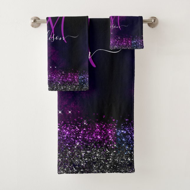 Cute magenta black faux glitter monogram bath towel set (Insitu)