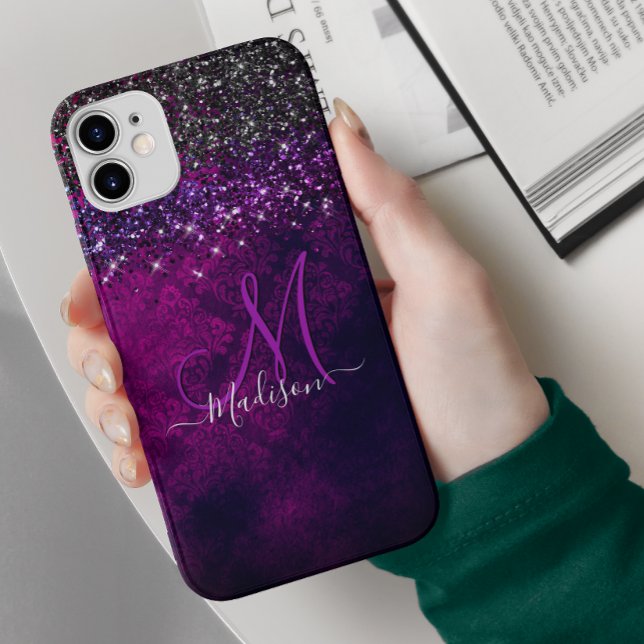 Cute magenta black faux glitter monogram Case-Mate iPhone case (Creator Uploaded)