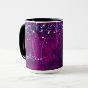 Cute magenta black faux glitter monogram mug