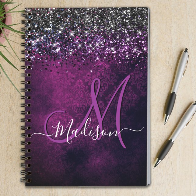 Cute magenta black faux glitter monogram notebook (Creator Uploaded)