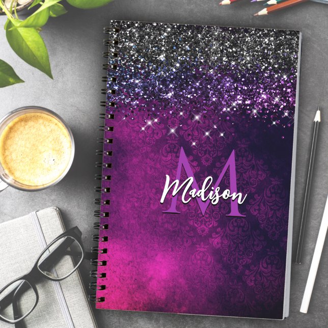 Cute magenta black faux glitter monogram notebook (Creator Uploaded)