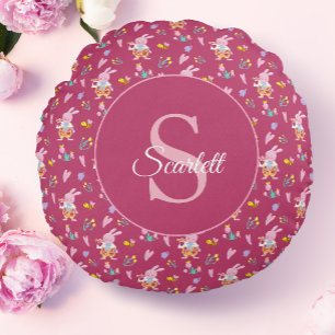 Cute magenta bunny garden pattern Monogram Name Round Pillow