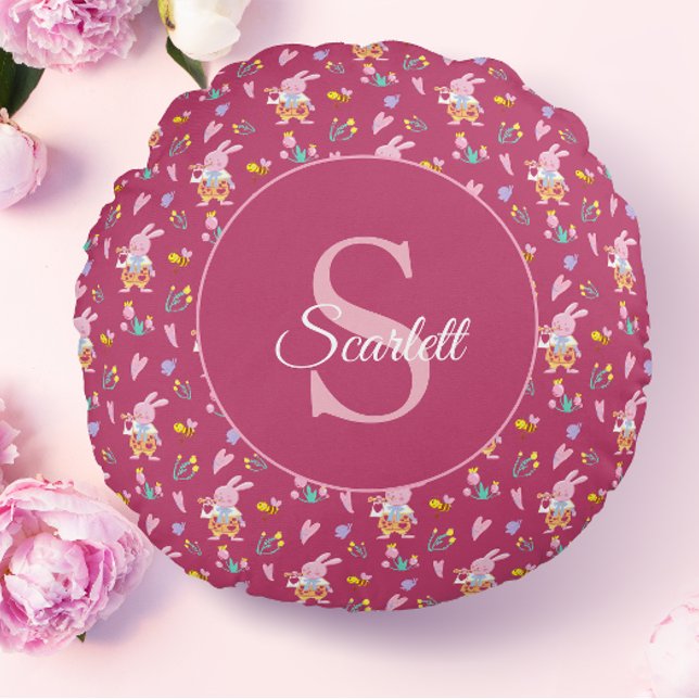Cute magenta bunny garden pattern Monogram Name Round Pillow (Creator Uploaded)