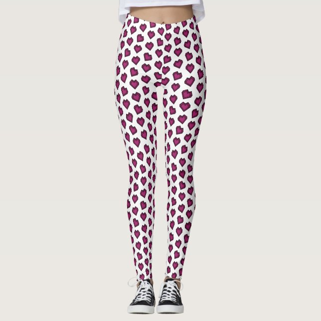Cute Magenta Dark Pink Gemstone Heart pattern Leggings (Front)