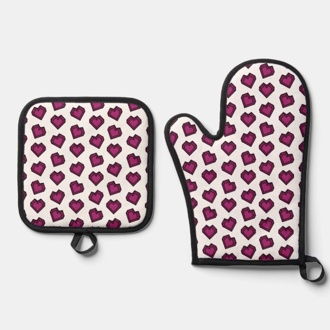 Cute Magenta Dark Pink Gemstone Heart pattern Oven Mitt & Pot Holder Set (Front)