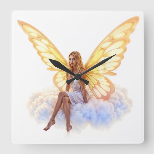Cute magic blue eyes fairy bright golden wings square wall clock (Front)