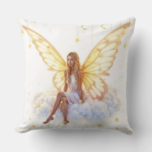 Cute magic blue eyes fairy bright golden wings throw pillow