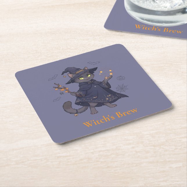 Cute Magic Cat Halloween Paper Coaster (Angled)