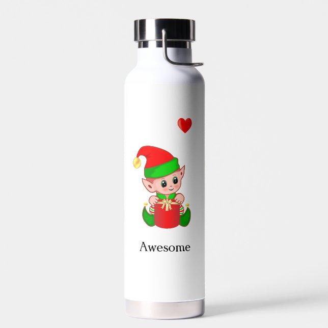 Cute Magic Elf with Gift on White Water Bottle (Left)