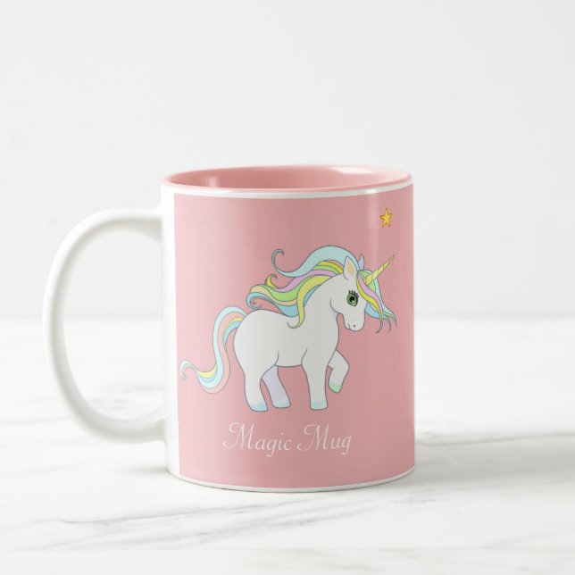Cute Magic Unicorn and Star on Pink Two-Tone Coffee Mug (Left)