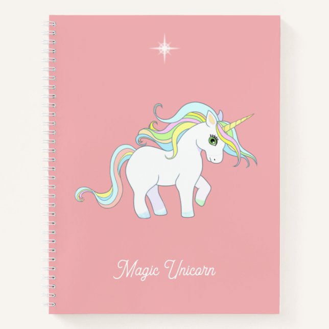 Cute Magic Unicorn on Coral Pink Notebook (Front)