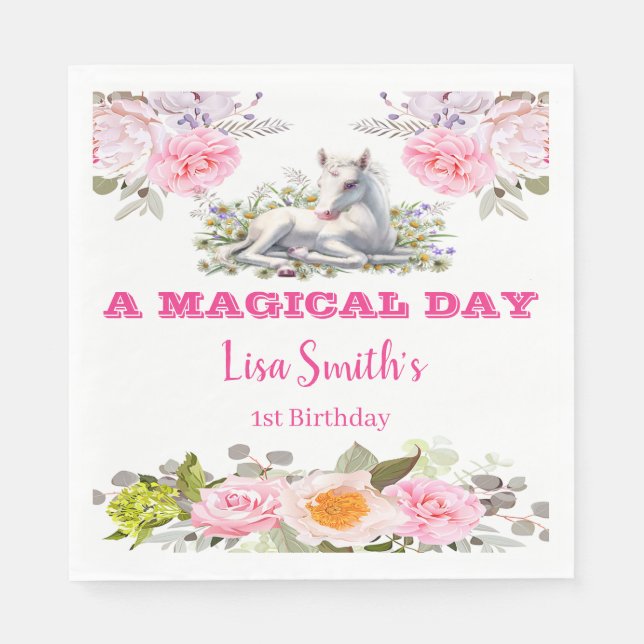 Cute Magical Baby Unicorn 1st Birthday Napkin (Front)
