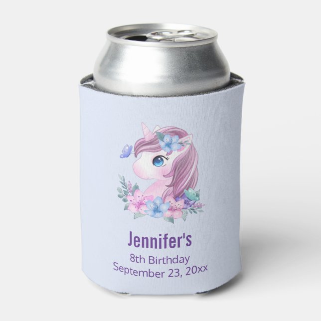 Cute & Magical Baby Unicorn with Big Eyes Birthday Can Cooler (Can Front)