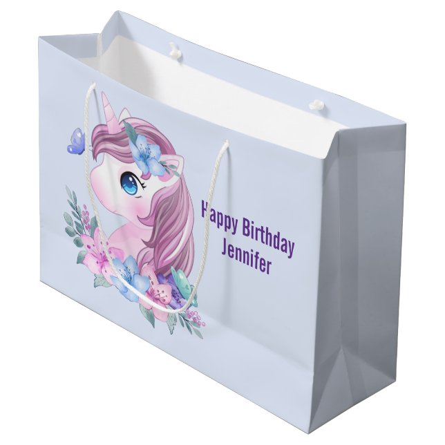 Cute & Magical Baby Unicorn with Big Eyes Birthday Large Gift Bag (Front Angled)