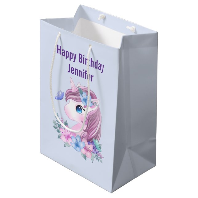 Cute & Magical Baby Unicorn with Big Eyes Birthday Medium Gift Bag (Front Angled)