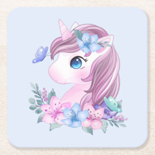  Cute & Magical Baby Unicorn with Big Eyes Square Paper Coaster