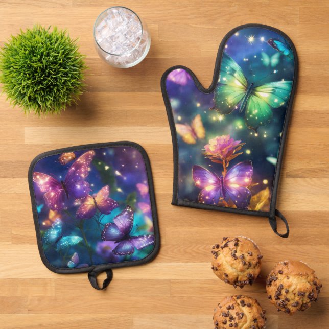 Cute Magical Butterflies on Dark Purple Oven Mitt & Pot Holder Set (Top Down)