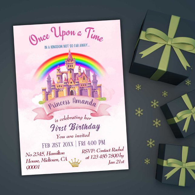 Cute magical castle rainbow princess 1st birthday invitation (Creator Uploaded)