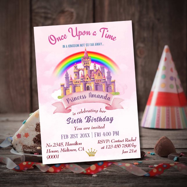 Cute magical castle rainbow princess 6th birthday invitation (Creator Uploaded)