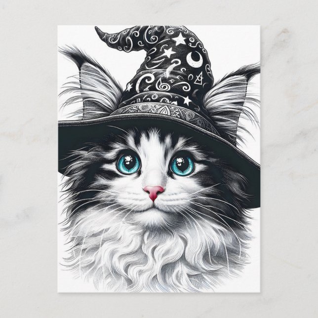 Cute Magical Cat in Wizard Hat Colour Splash Postcard (Front)