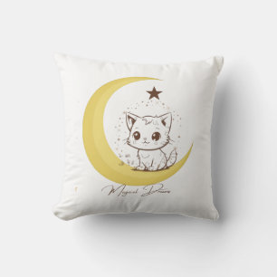 Cute Magical Cat on Moon Starry Dreams - Round Cla Throw Pillow