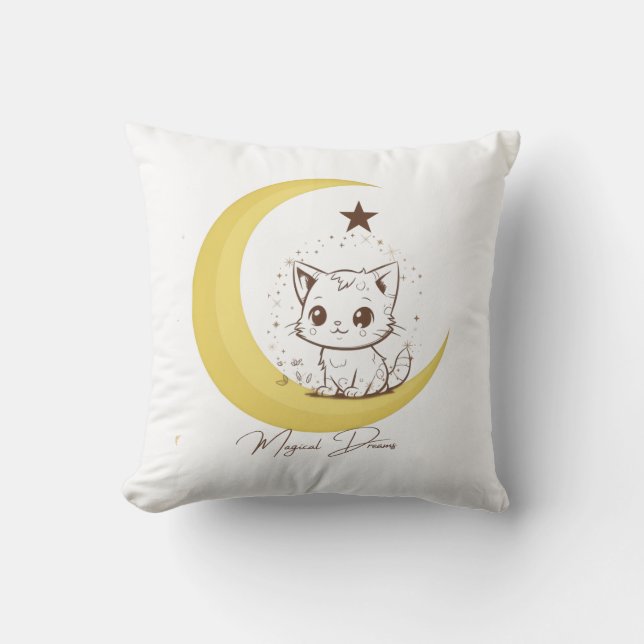 Cute Magical Cat on Moon Starry Dreams - Round Cla Throw Pillow (Front)