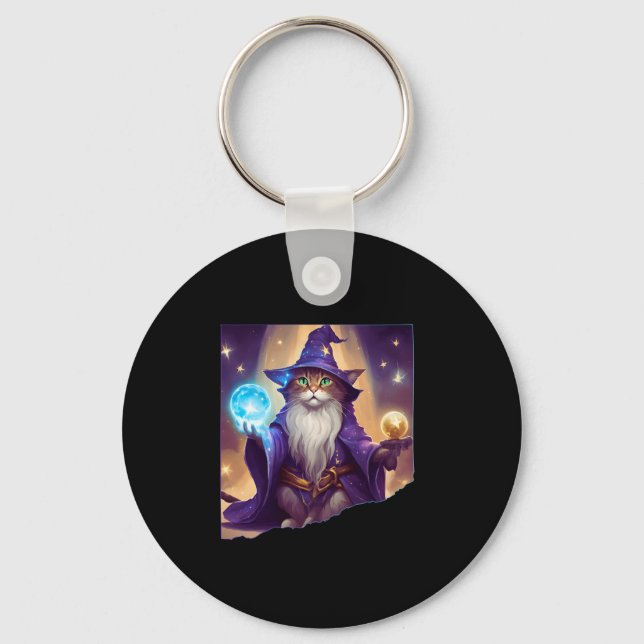 Cute Magical Cat Wizard Purrfect Wizard Feline Hal Keychain (Front)