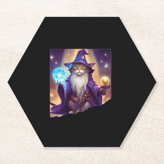 Cute Magical Cat Wizard Purrfect Wizard Feline Hal Paper Coaster (Front)