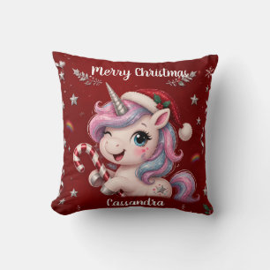 Cute Magical Crimson Christmas Unicorn Girl Photo Throw Pillow