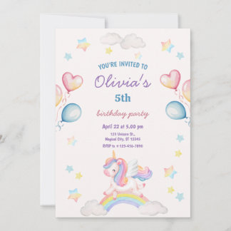 Cute Magical Fairytale Unicorn Rainbow Clouds Invitation