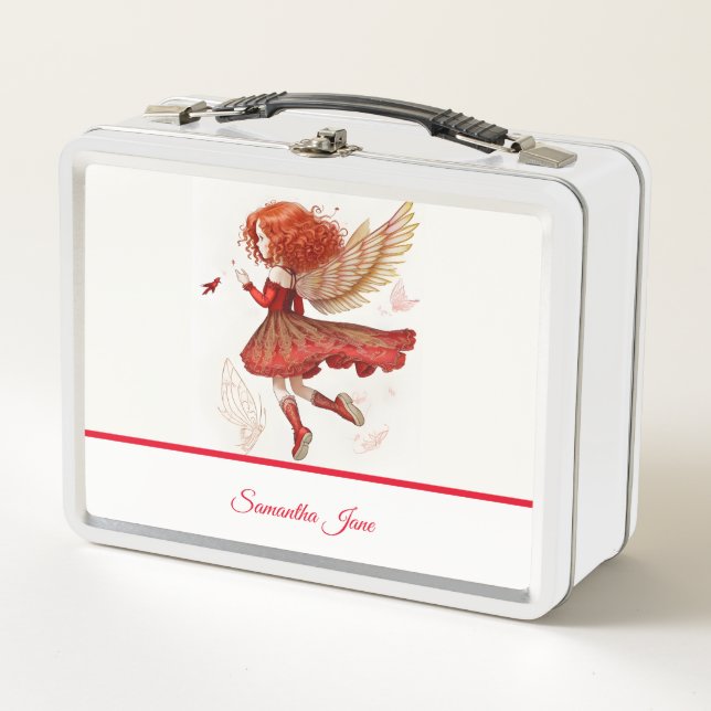 Cute Magical Little Red Flying Fairy Girly Metal Lunch Box (Front)