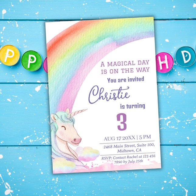 Cute magical modern unicorn rainbow 3rd birthday  invitation (Creator Uploaded)