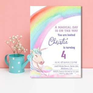Cute magical modern unicorn rainbow 4th birthday invitation