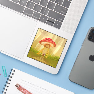 Cute Magical Mushroom House Square Sticker - Aesth
