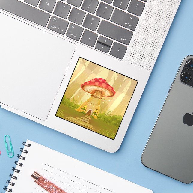 Cute Magical Mushroom House Square Sticker - Aesth (Laptop w/ iPhone)