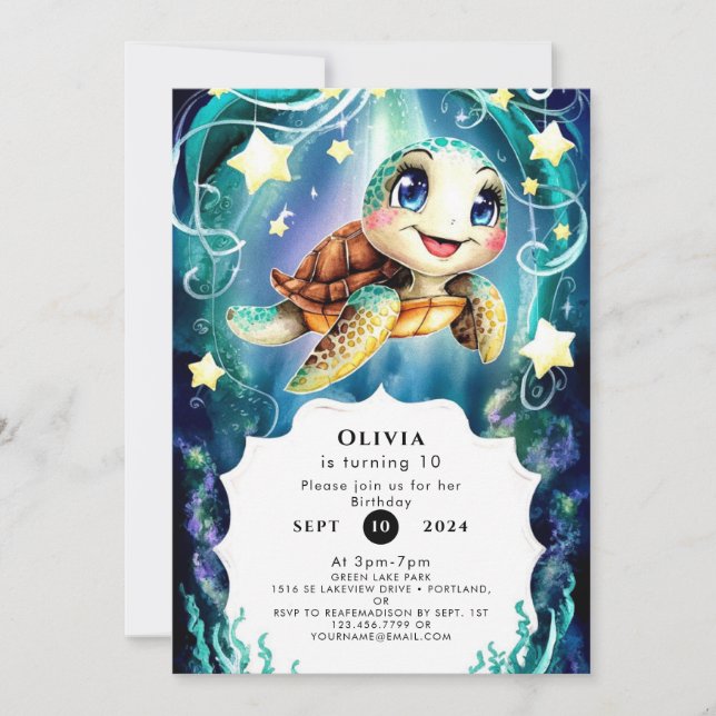 Cute Magical Ocean Turtle Birthday Invitation (Front)