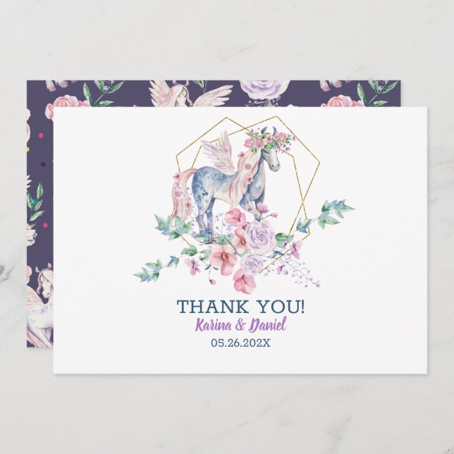 Cute magical pony and pink roses wreath invitation (Front/Back)